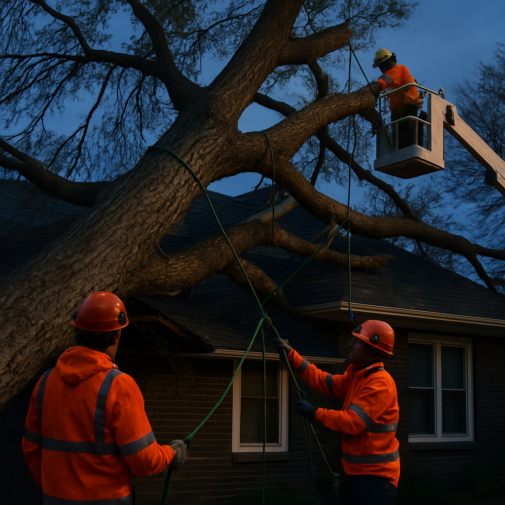 Photo-realistic image of a storm-damaged large tree leaning on a residential roof at dusk with an em