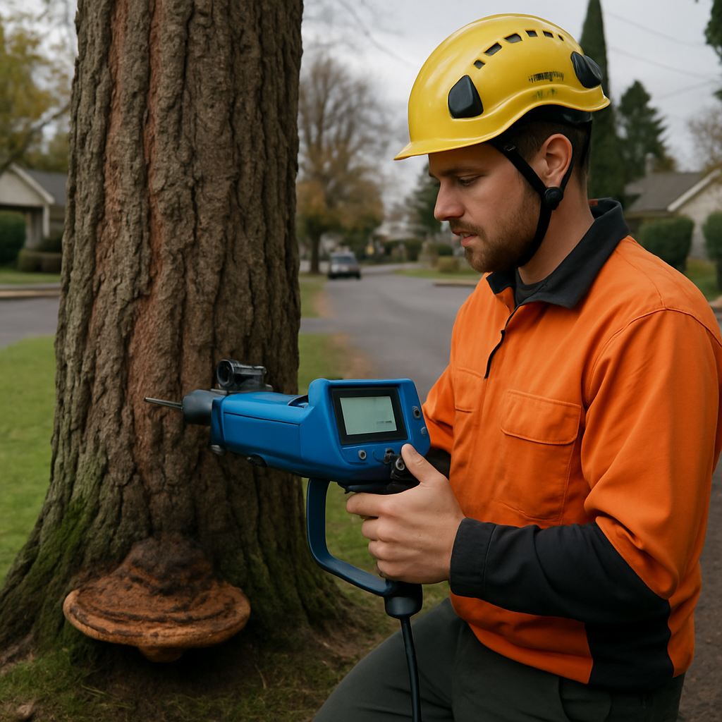 Photo realistic image of an arborist using a resistograph on a Douglas-fir trunk with a visible fung