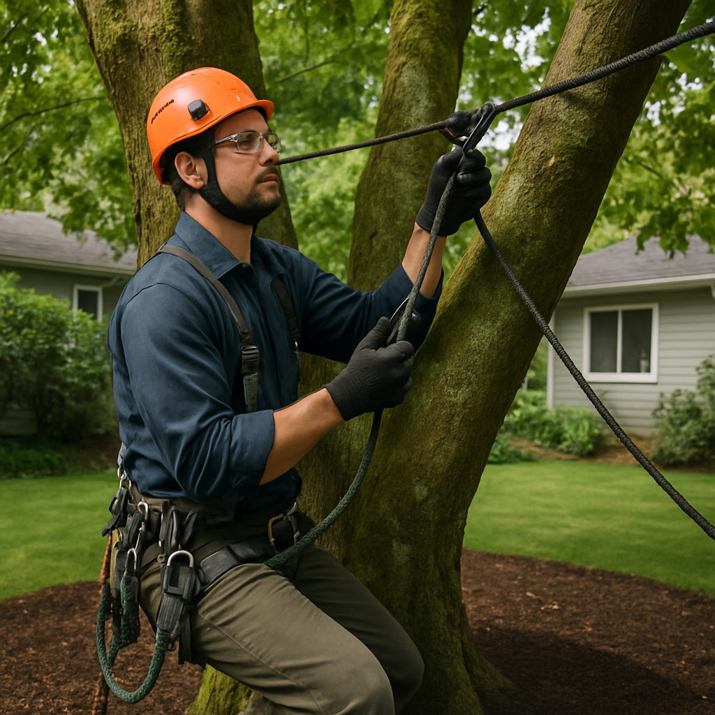 Photo-realistic image of an arborist in Portland installing a dynamic cable between two co-dominant