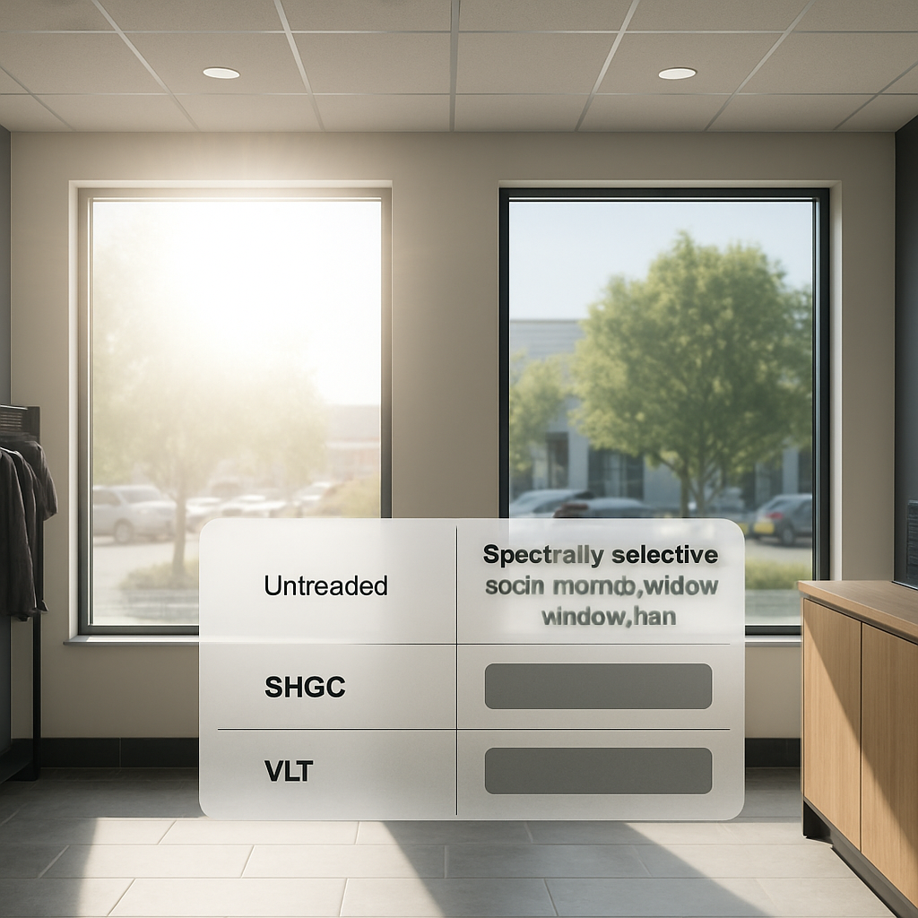 Photorealistic photo of a commercial storefront interior showing two adjacent windows: left window u