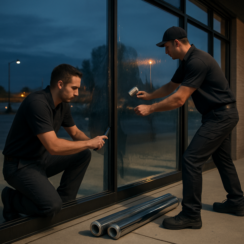 Professional window film installation team applying spectrally selective solar control window film t