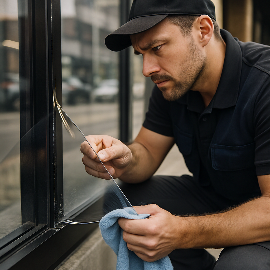 Photo realistic image of a professional technician kneeling at a commercial storefront window, inspe