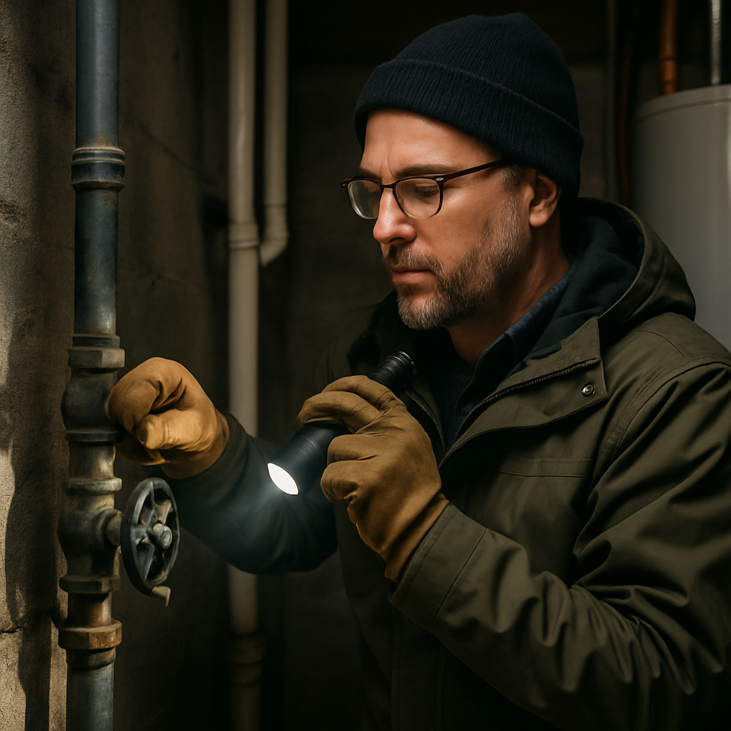 Homeowner in Portland turning off a main water shutoff valve in a basement utility area, wearing glo