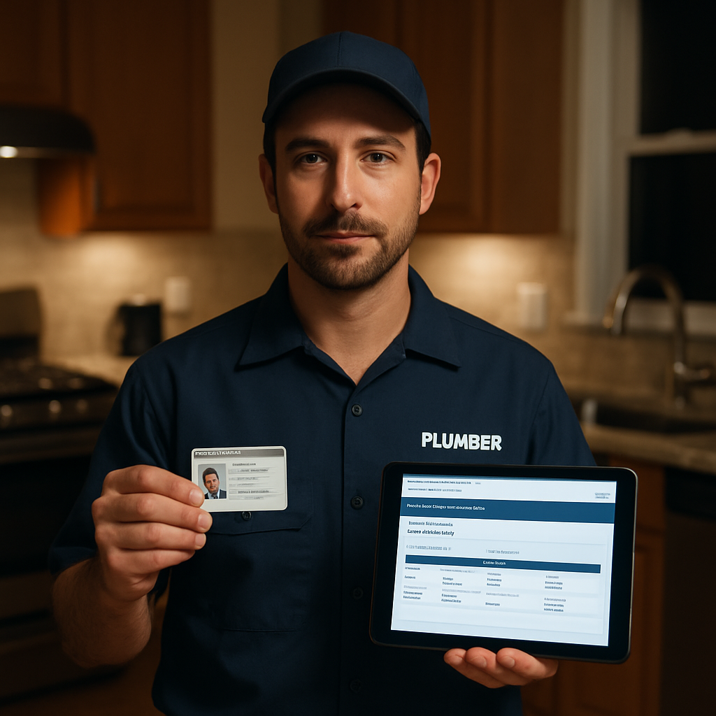Photo realistic image of a licensed Portland plumber showing a wallet-sized ID and a tablet displayi