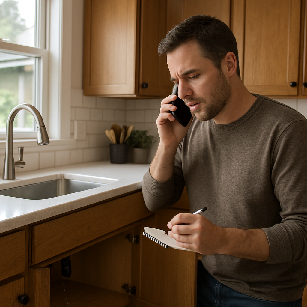 Photo realistic image of a homeowner on the phone with a plumber, holding a notepad that lists ETA