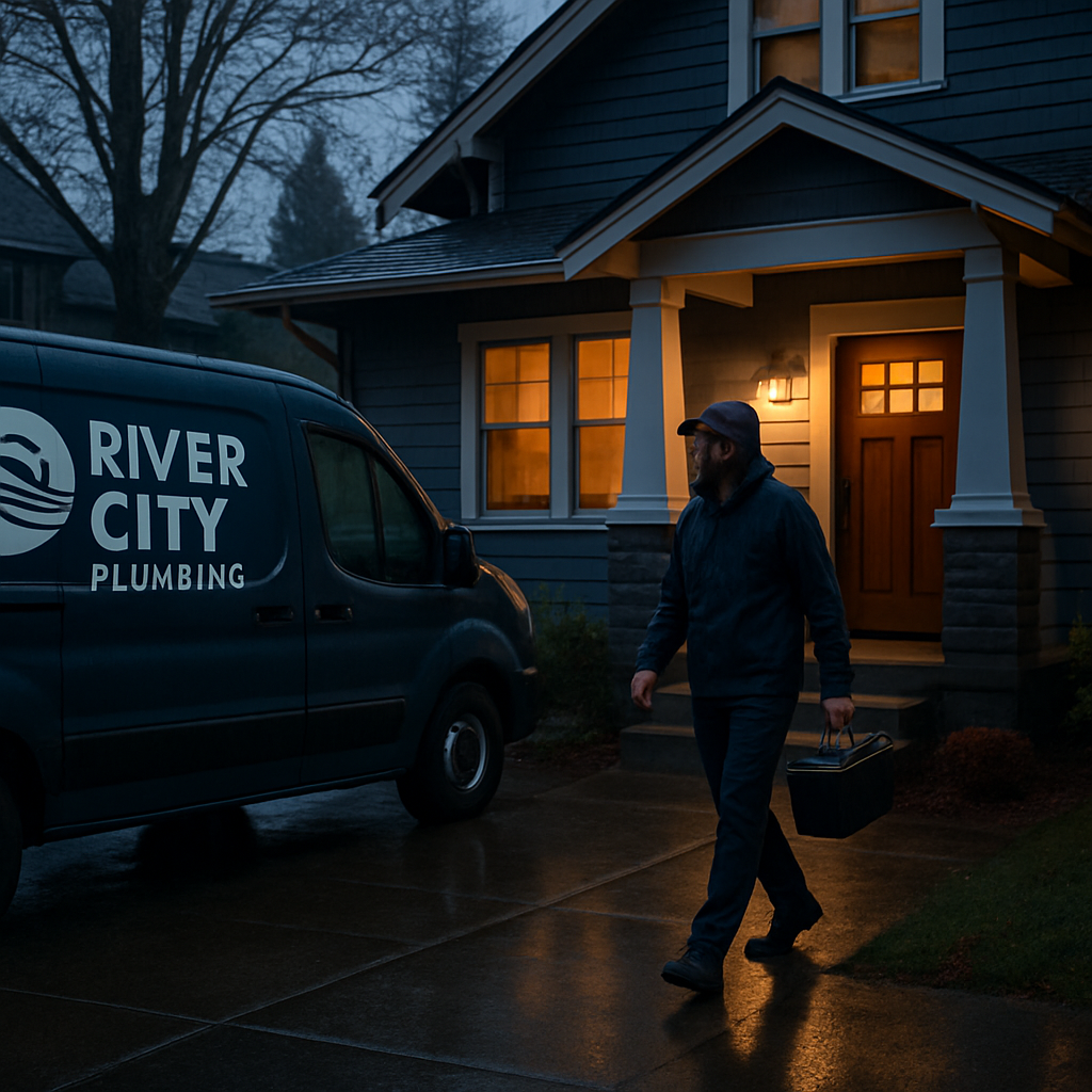 River City Plumbing technician arriving at a Portland home at dusk in a branded van, technician carr