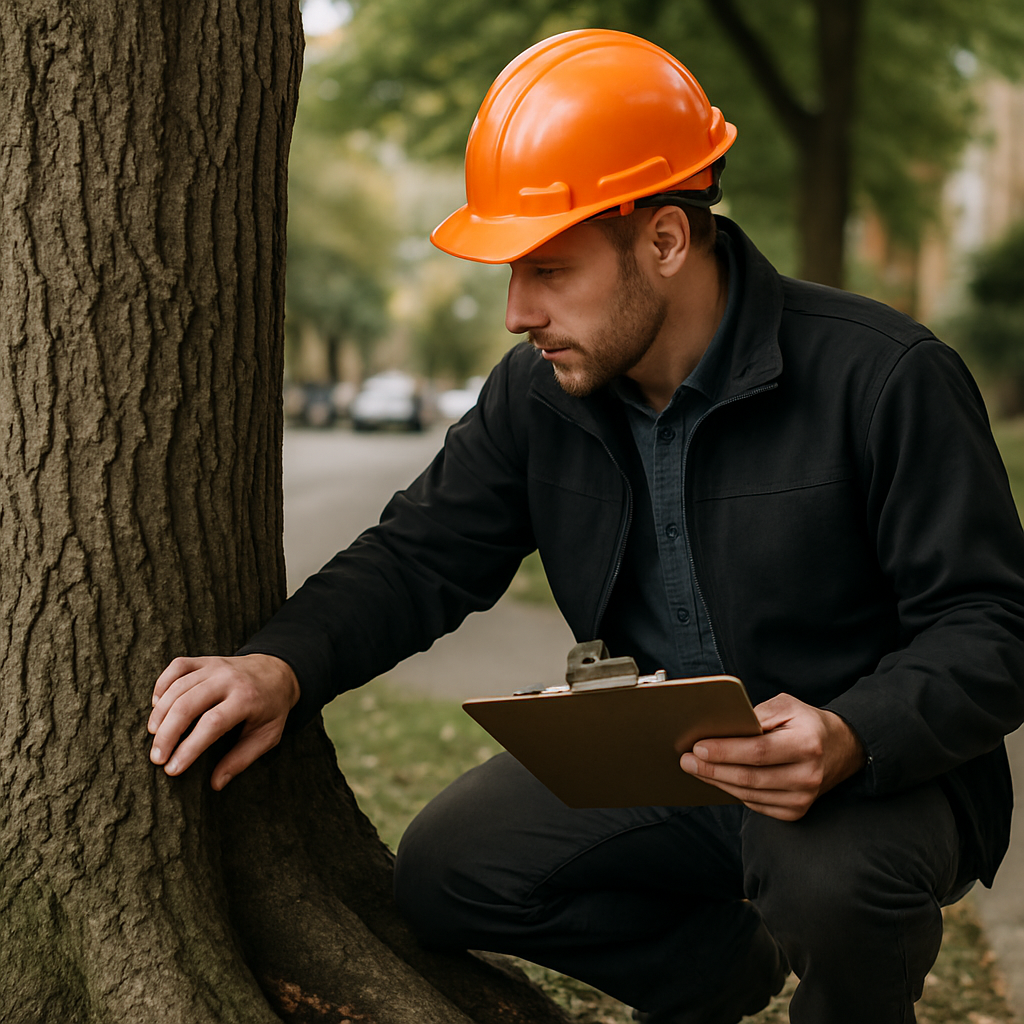 A professional arborist inspecting a mature street tree at the root flare and trunk with a clipboard