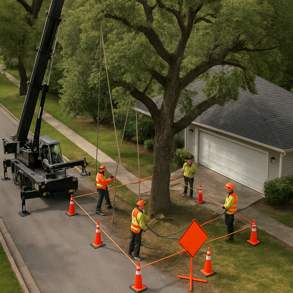 Professional tree removal crew setting up exclusion zone, rigging lines attached to a large oak near
