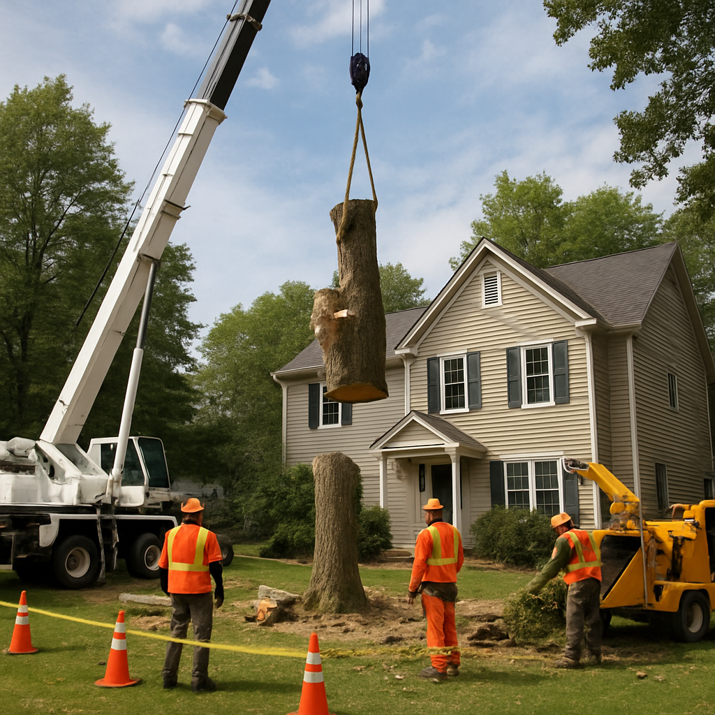 Professional tree removal crew using a crane to lift large tree sections away from a two-story house