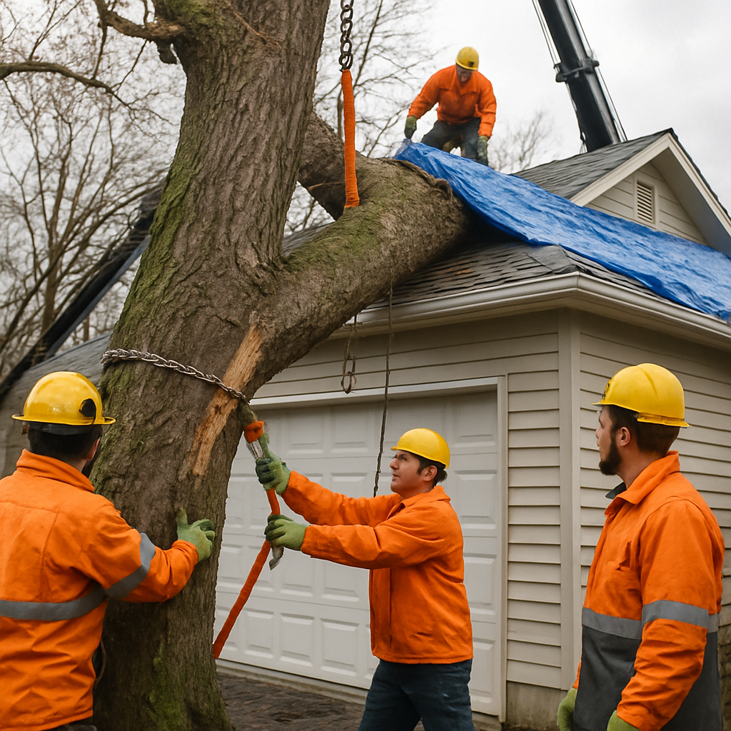 Photo realistic image of a professional emergency tree removal crew stabilizing a large storm-damage