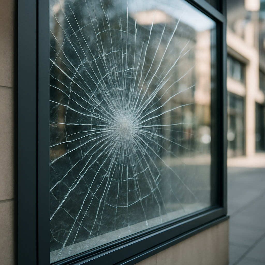 Close up photo realistic image of a commercial storefront window after impact showing window film ho