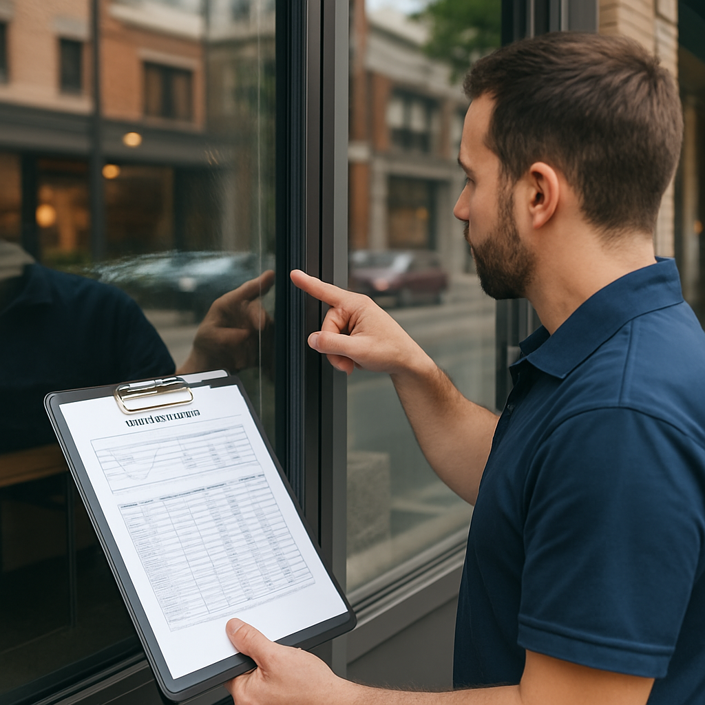Photorealistic image of a technician comparing a lab test report with a storefront window where secu