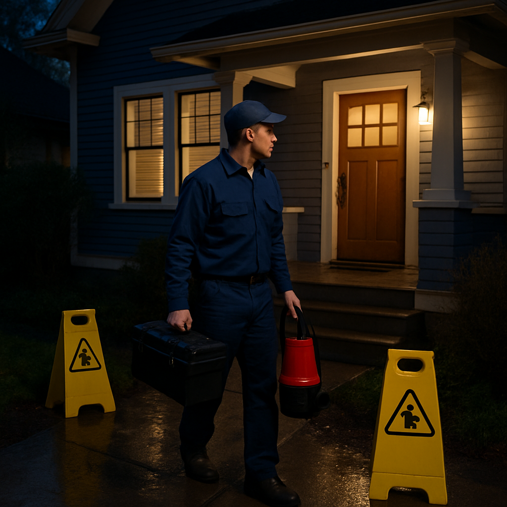 Photo realistic image of a licensed plumber arriving at a Portland home at night carrying a toolbox