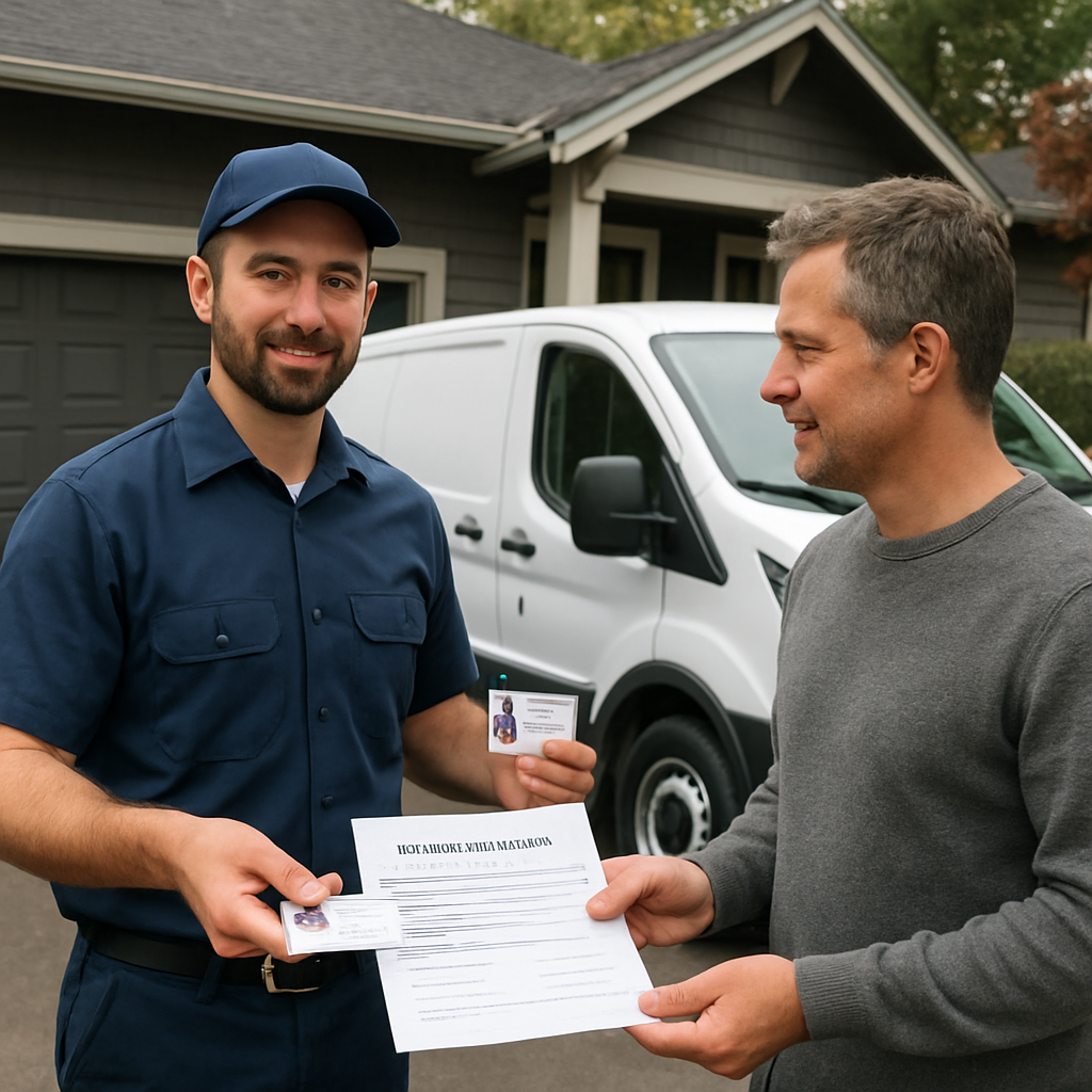 Professional plumber handing a homeowner printed Certificate of Insurance and showing a license card
