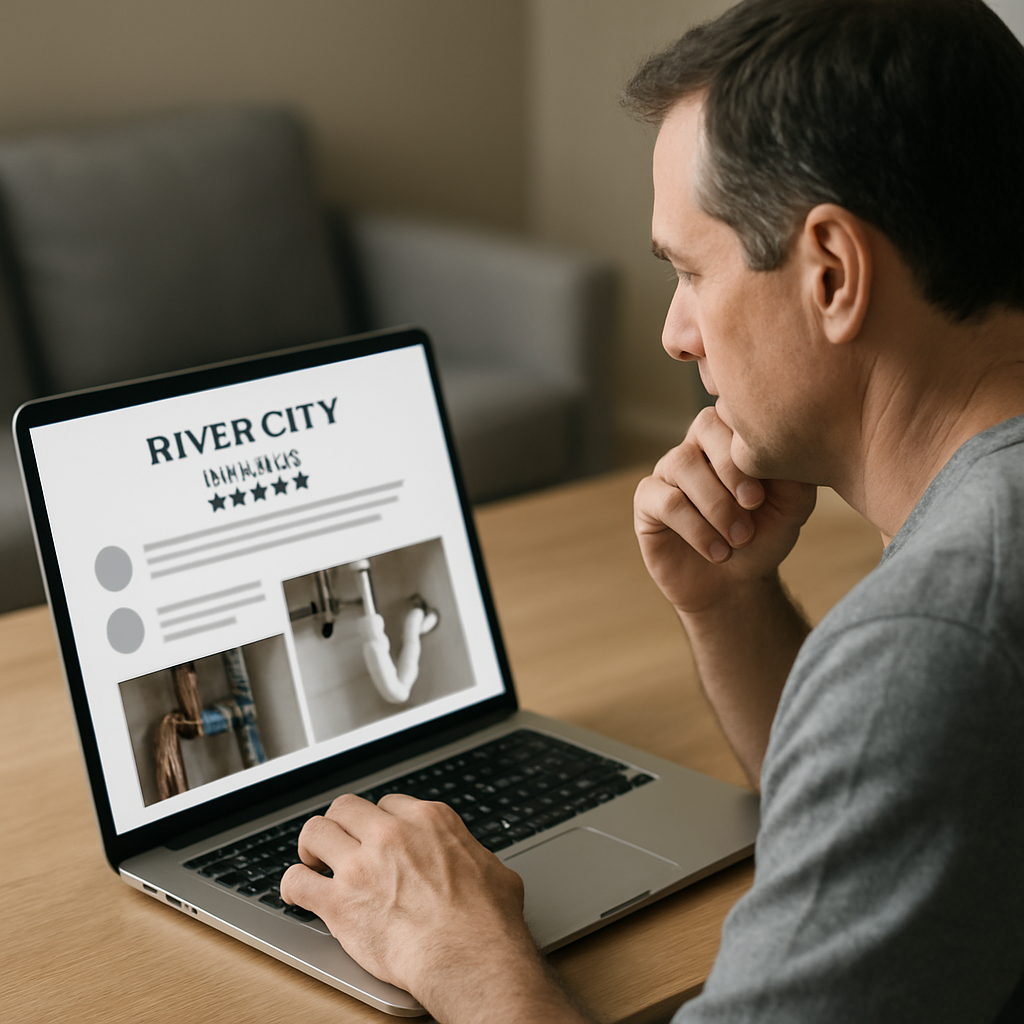 Homeowner examining online plumbing reviews and before/after photos on a laptop with a River City Pl