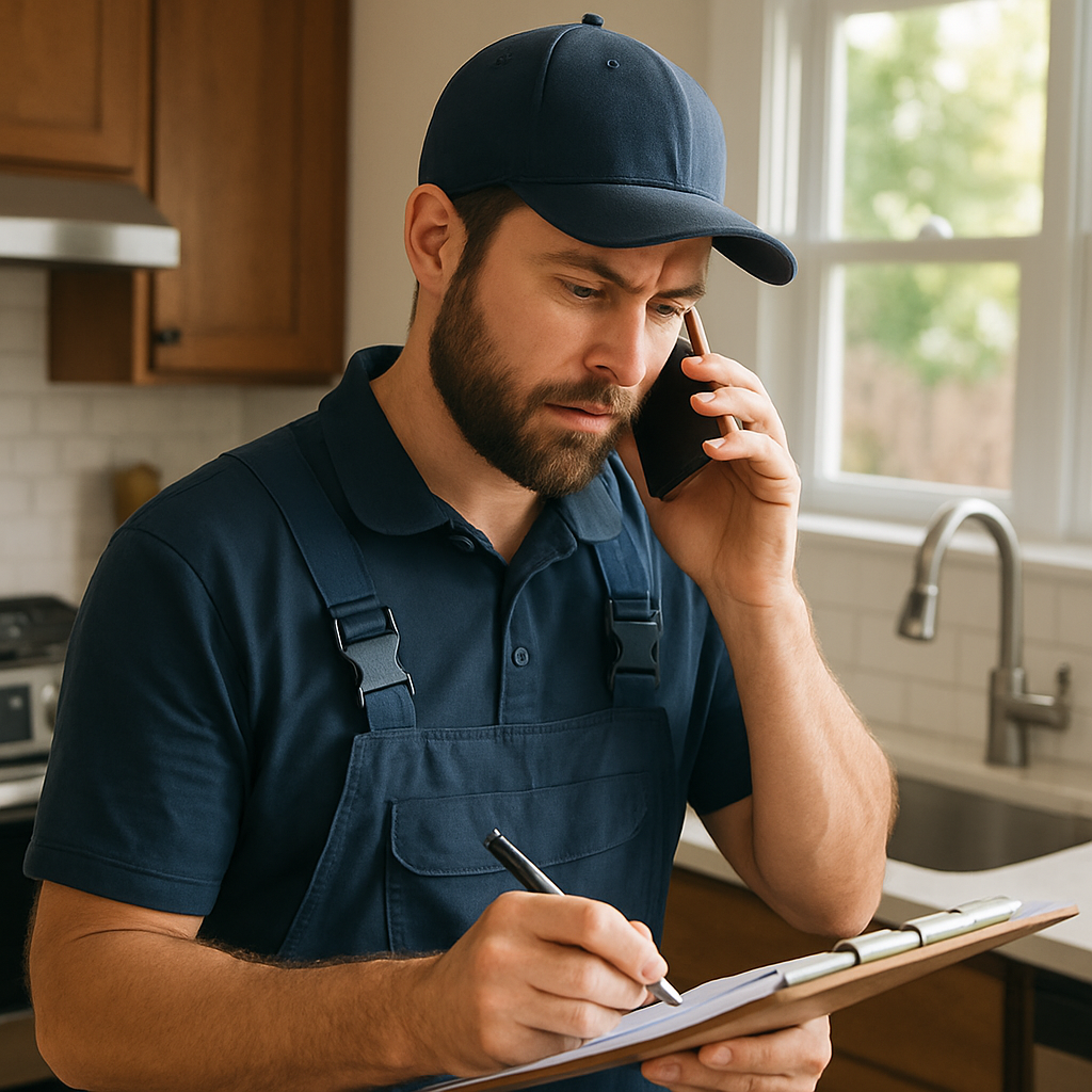 A Portland plumber speaking on the phone while reviewing a written estimate on a clipboard in a resi