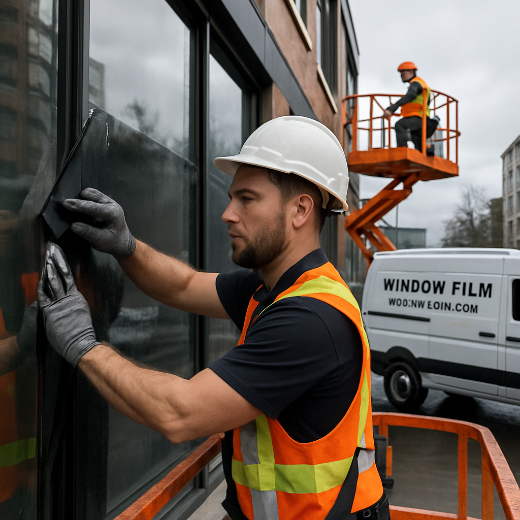 Professional commercial window film installers applying solar film to a multi-story Portland storefr