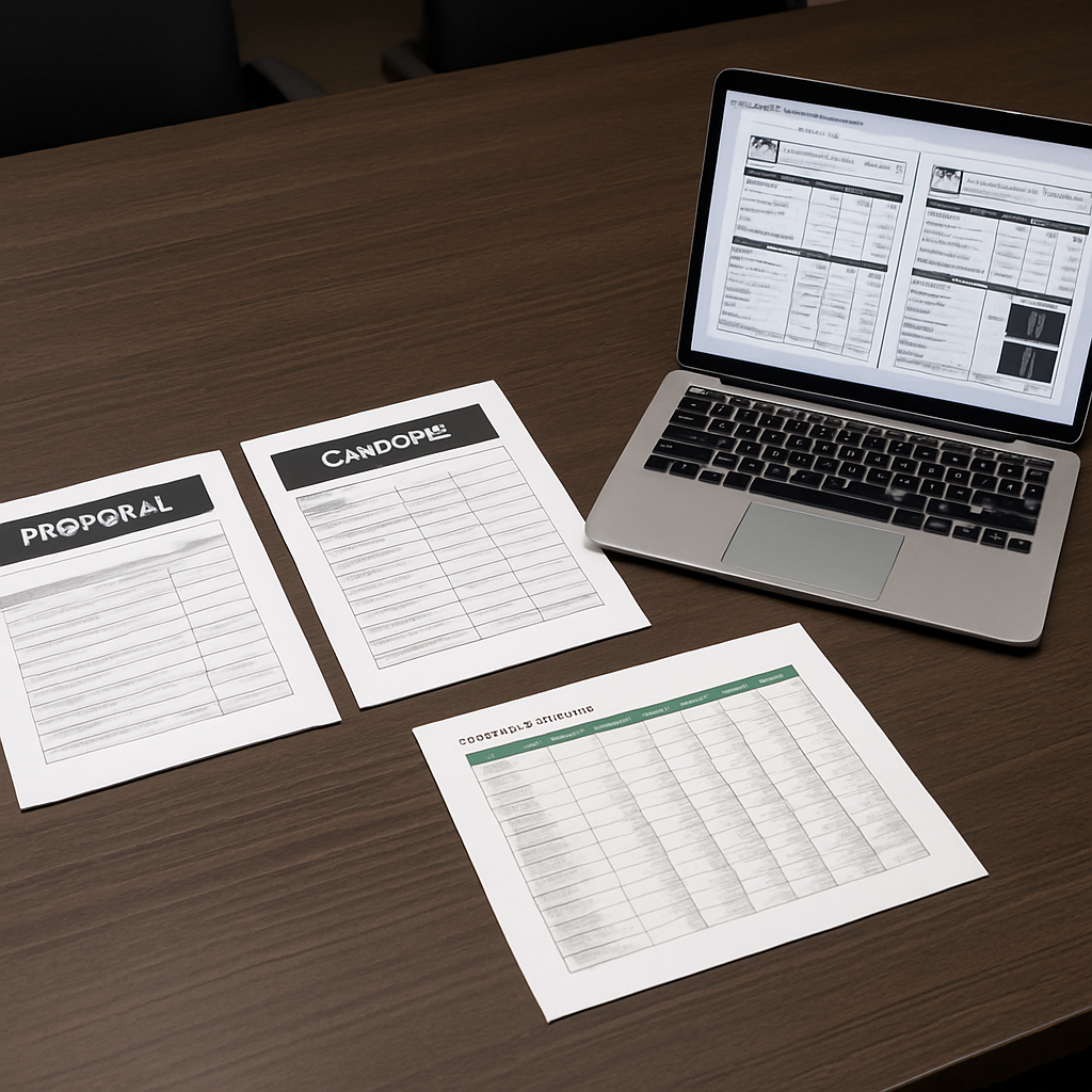 Two side-by-side proposal documents and a comparison spreadsheet on a conference table with a laptop