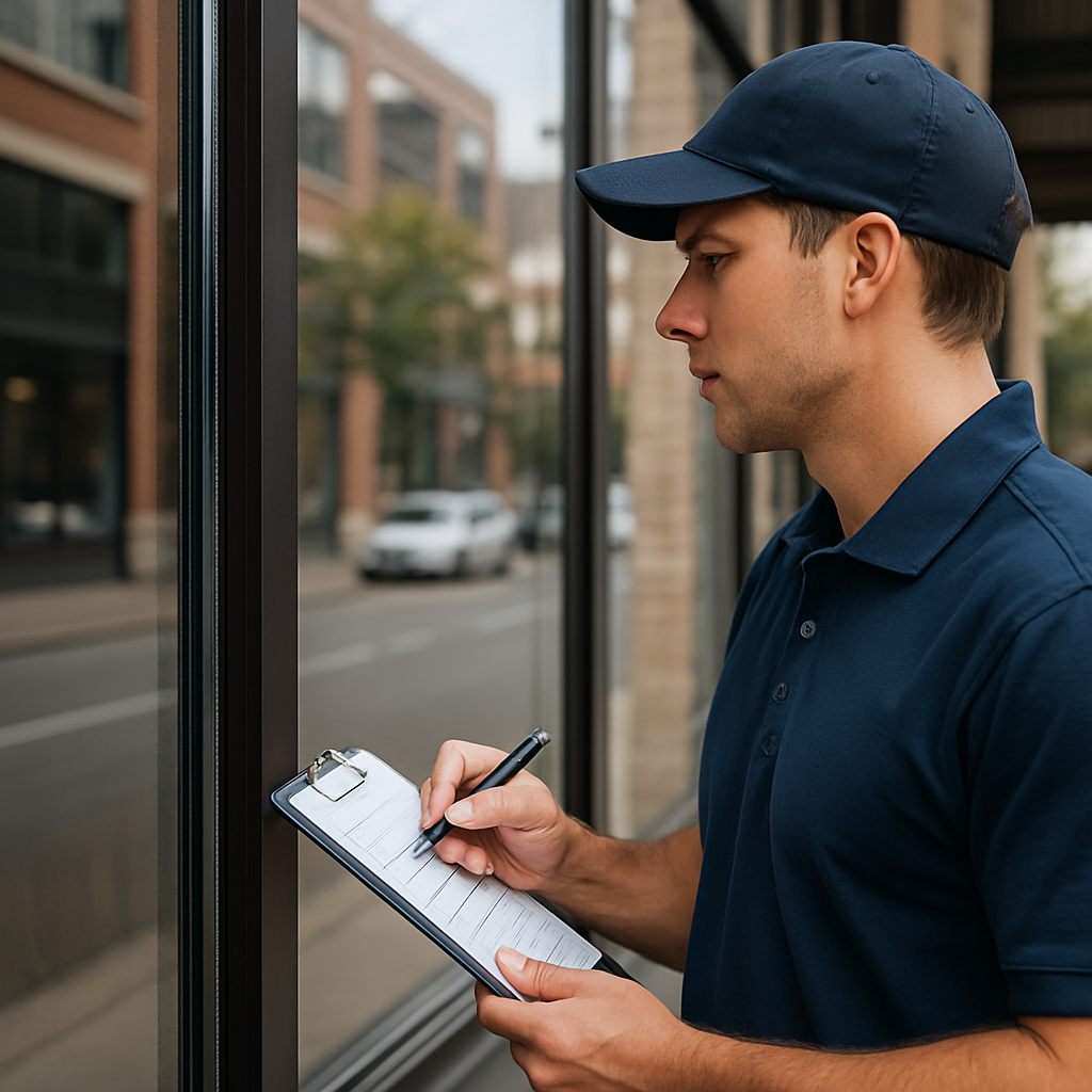 Close-up photo-realistic image of a commercial storefront window after solar film installation showi