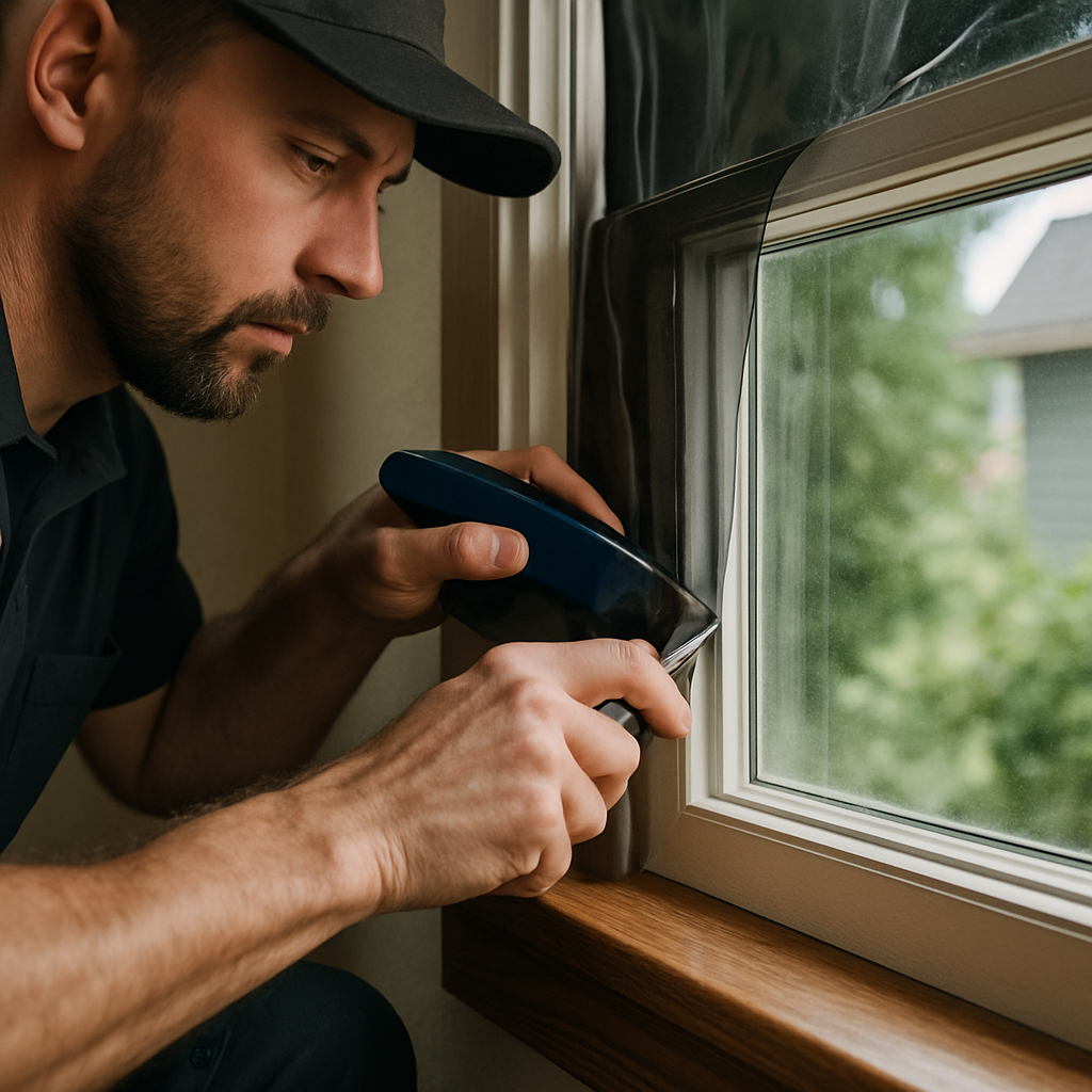 Close-up photo realistic image of a professional installer trimming window film at the edge of a dou