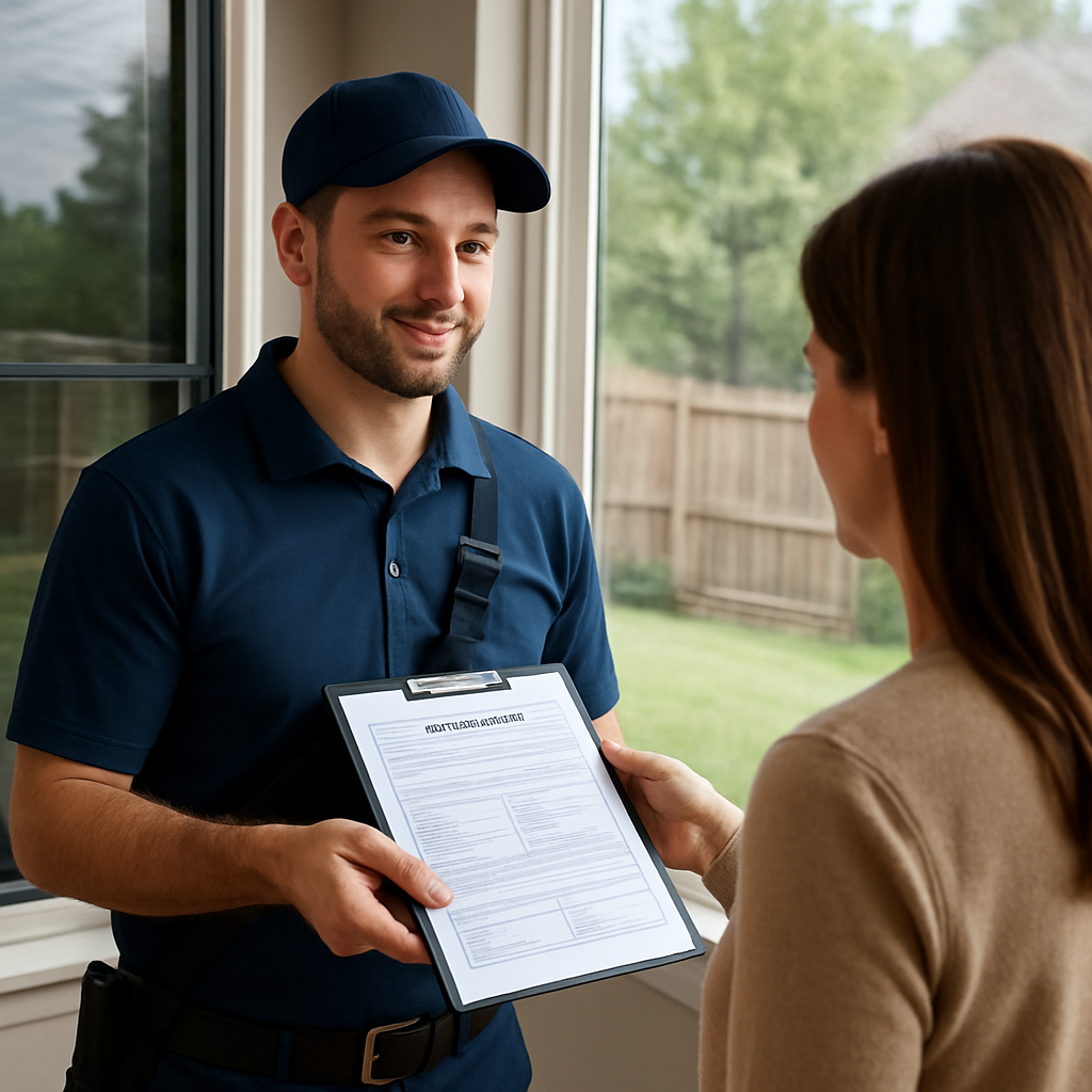 A professional window film installer presenting a Certificate of Insurance to a homeowner at a resid