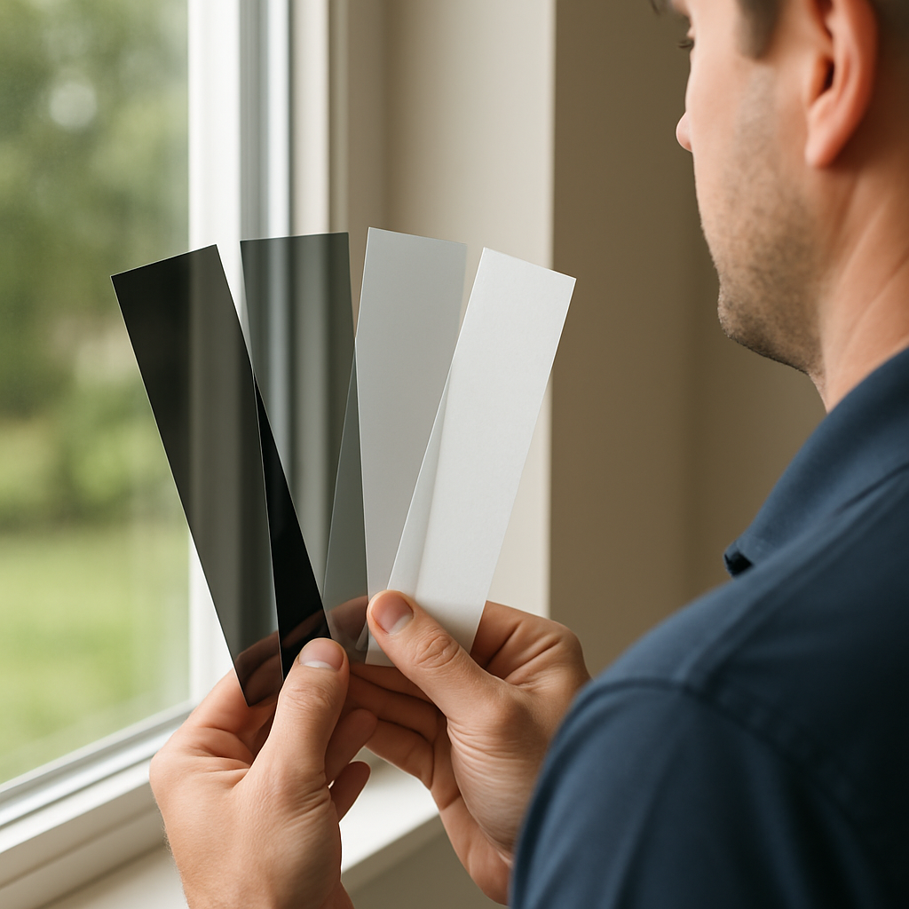 Close-up photo of a professional installer holding sample strips of different residential window fil