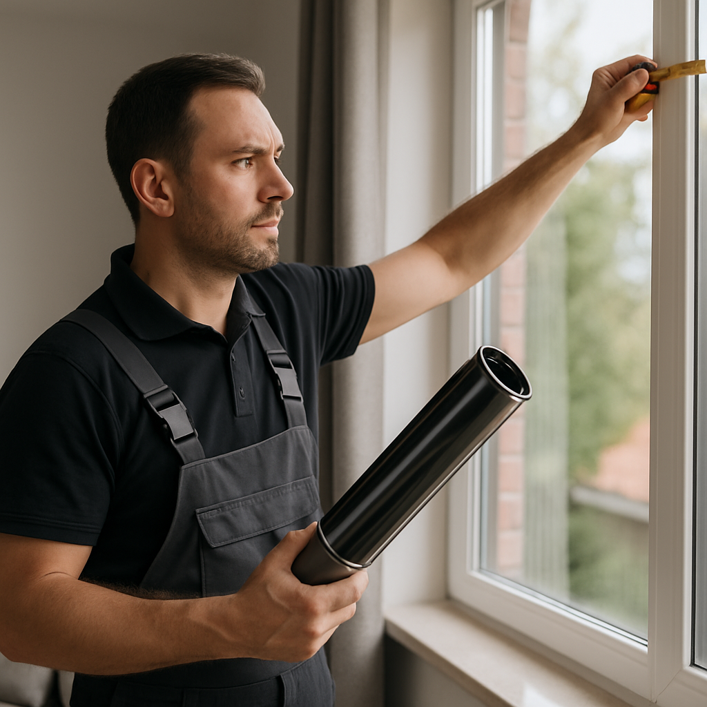 Professional window film installer measuring a living room window with a tape measure and holding a