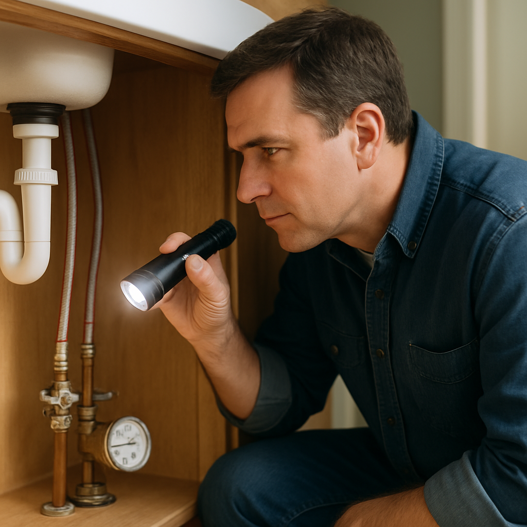Photo-realistic image of a homeowner kneeling with a flashlight, inspecting under-sink copper and br