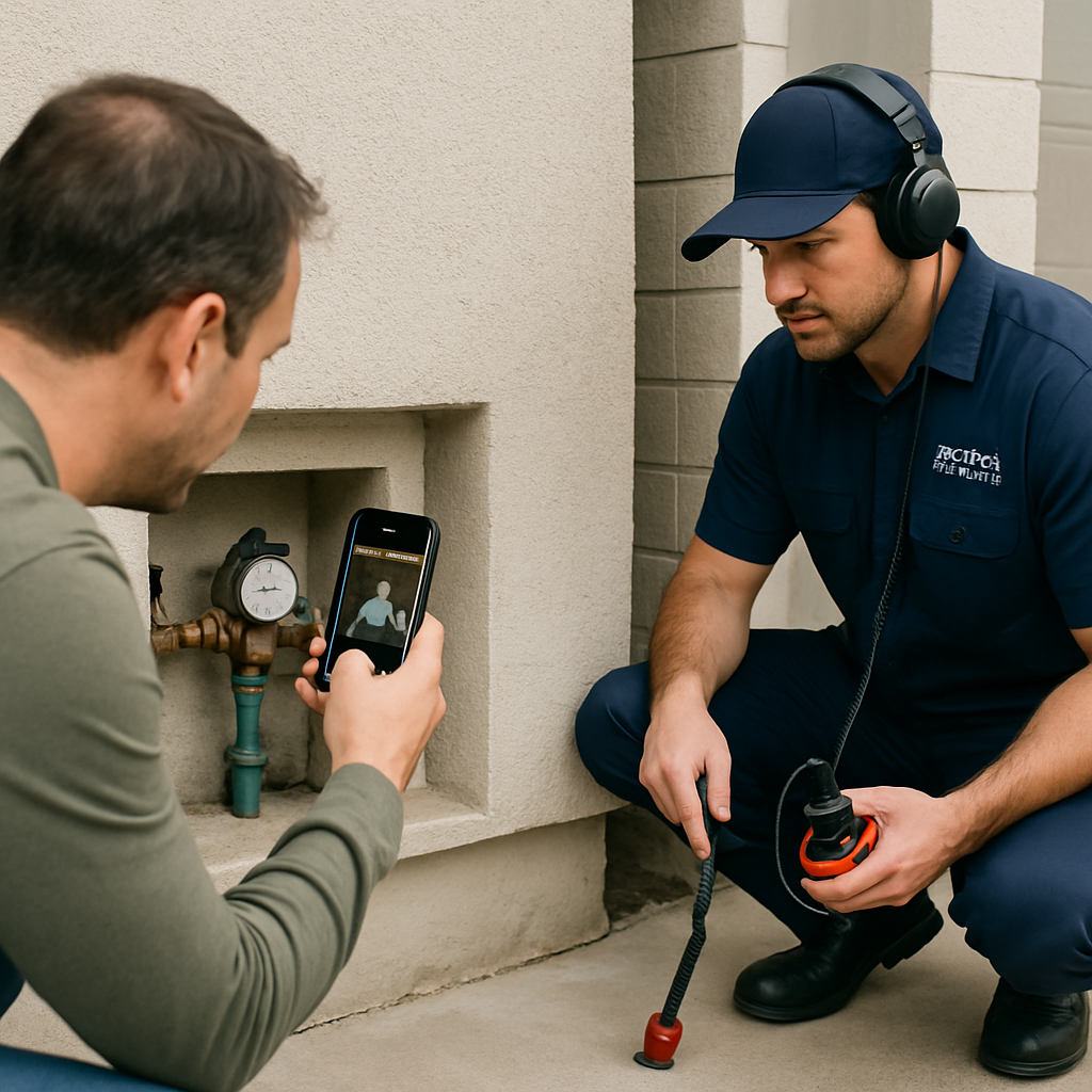 Photorealistic image of a homeowner taking a photo of a water meter while a technician in a River Ci