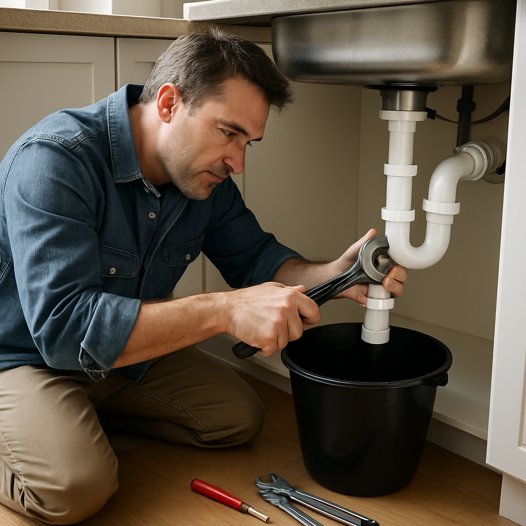 Photo of a homeowner kneeling under a kitchen sink with a bucket, removing a P-trap with an adjustab