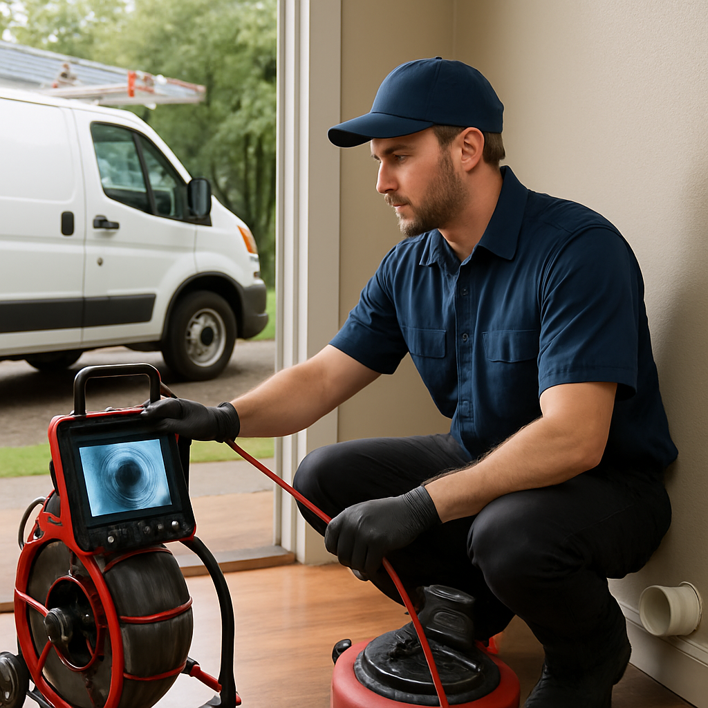 A licensed plumber performing a camera inspection of a residential sewer line in a Portland home, te