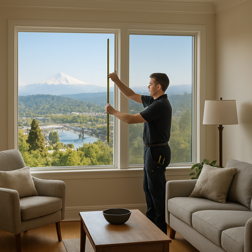 Photorealistic image of a Portland living room with large west-facing windows showing one half treat
