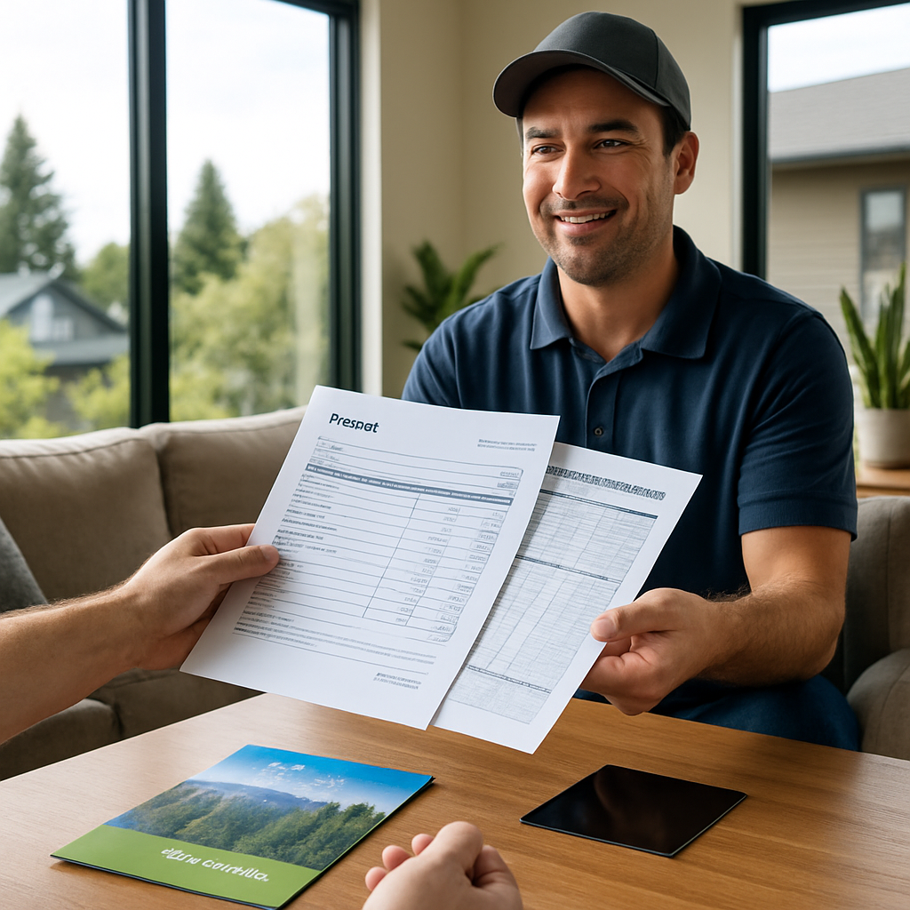 Professional installer handing a completed invoice and manufacturer spec sheet to a homeowner in a m