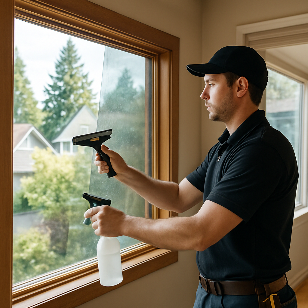 Professional installer applying spectrally selective window film to a large west-facing living room