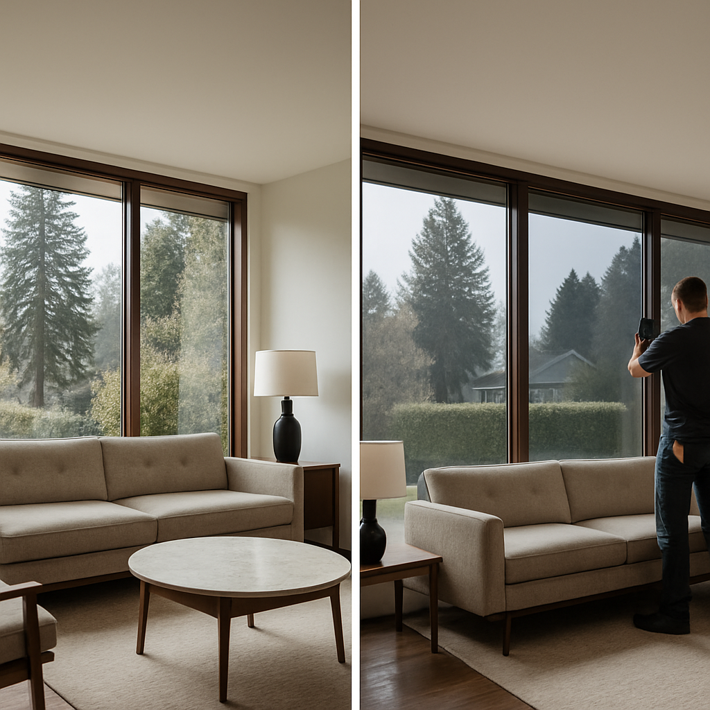Photo-realistic image of a Portland mid-century living room with large picture windows before-and-af