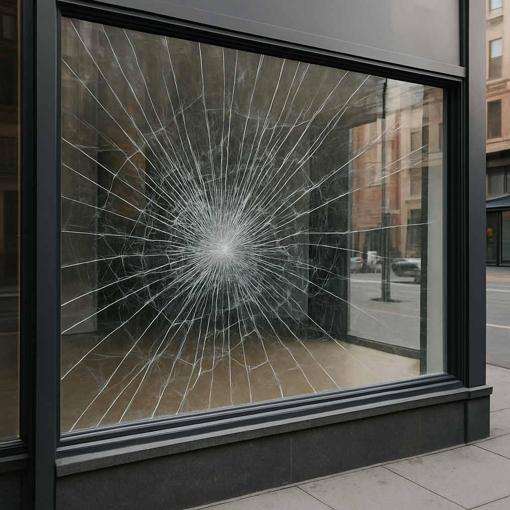 Photo realistic image of a commercial storefront window after a vandalism attempt showing safety fil