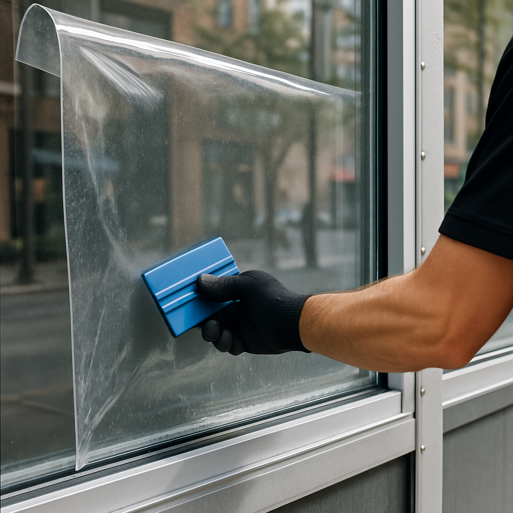 Close-up photo realistic image of a storefront glass pane with transparent security film being insta