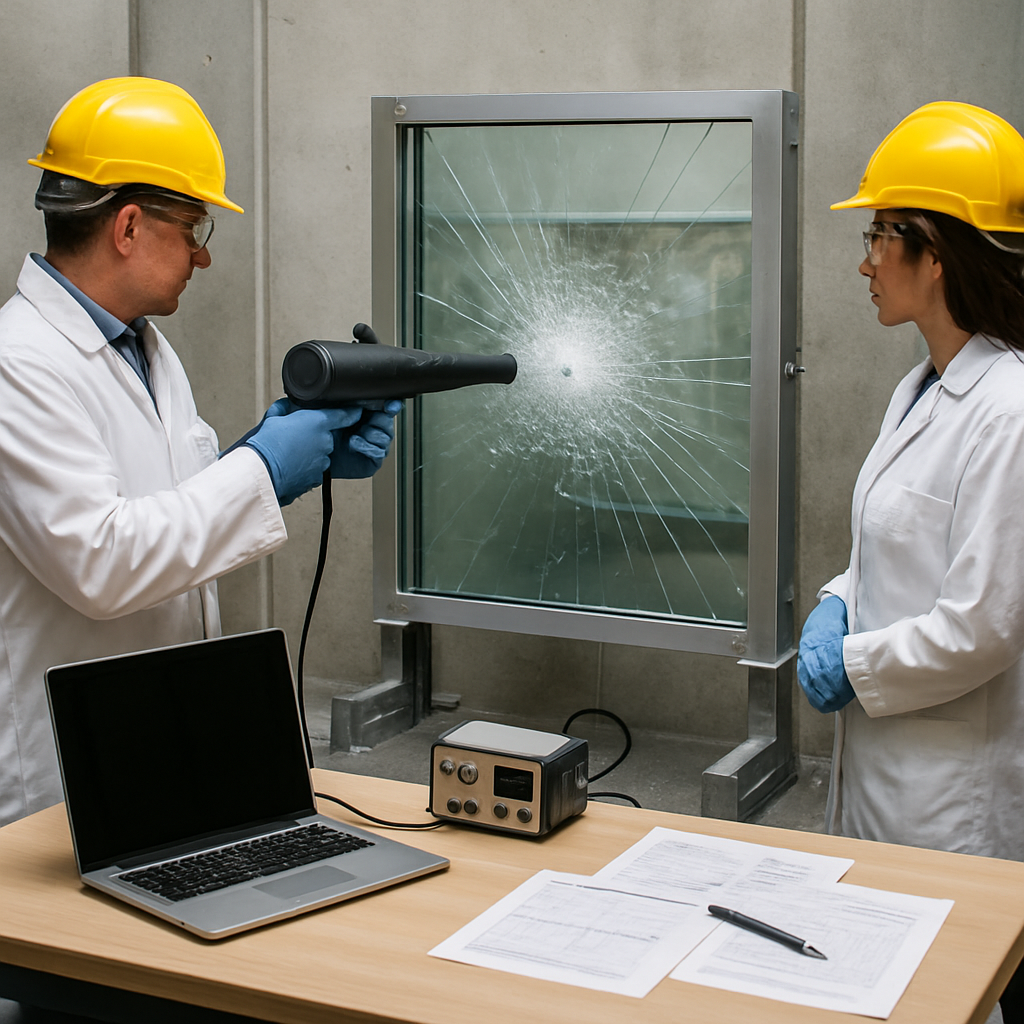 Photo realistic image of a security film test setup in a lab: technicians wearing safety gear firing