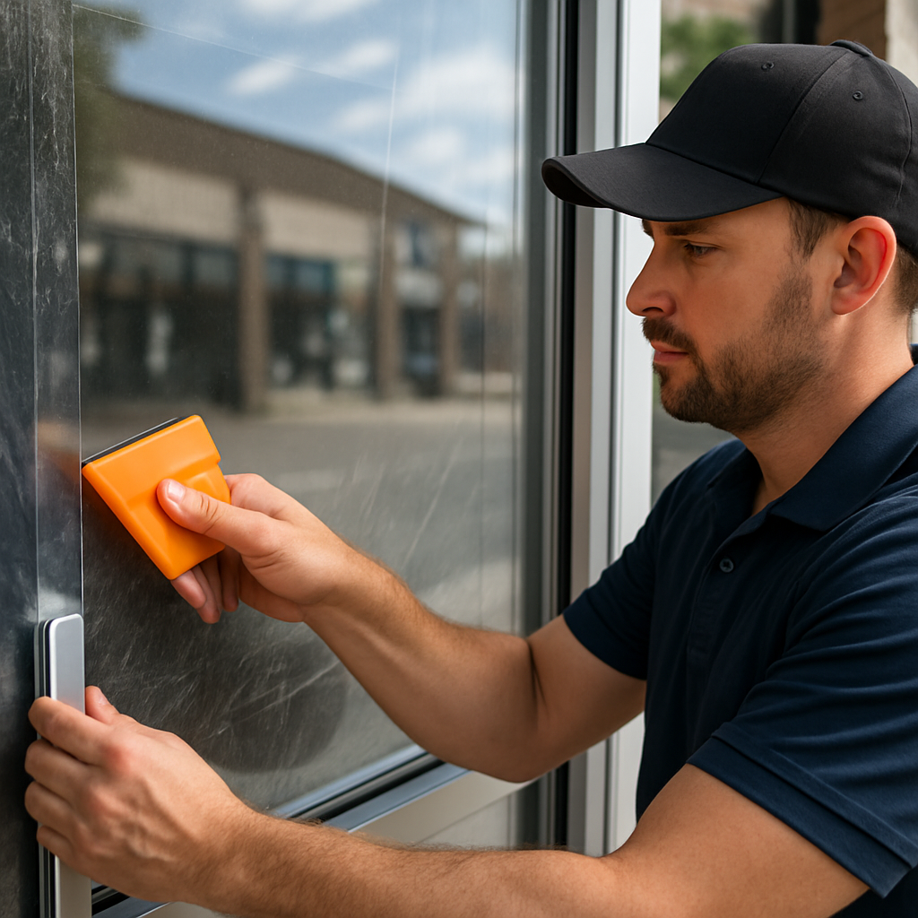 Photo-realistic image of a retail storefront window being fitted with clear security film and a visi