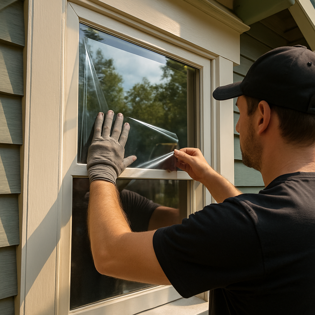 Professional installer applying spectrally selective window film to a historic double hung sash wind