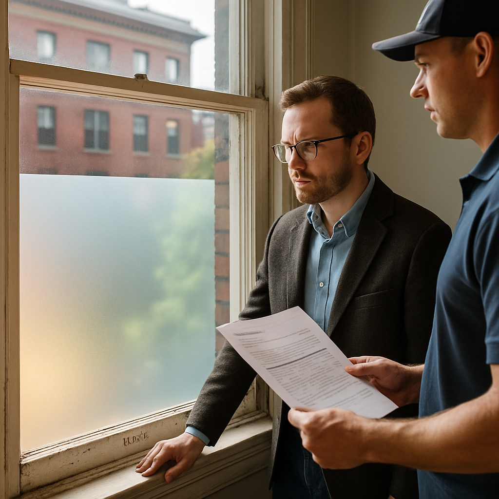 Professional conservator and window film installer assessing a full-size window film mockup on a his