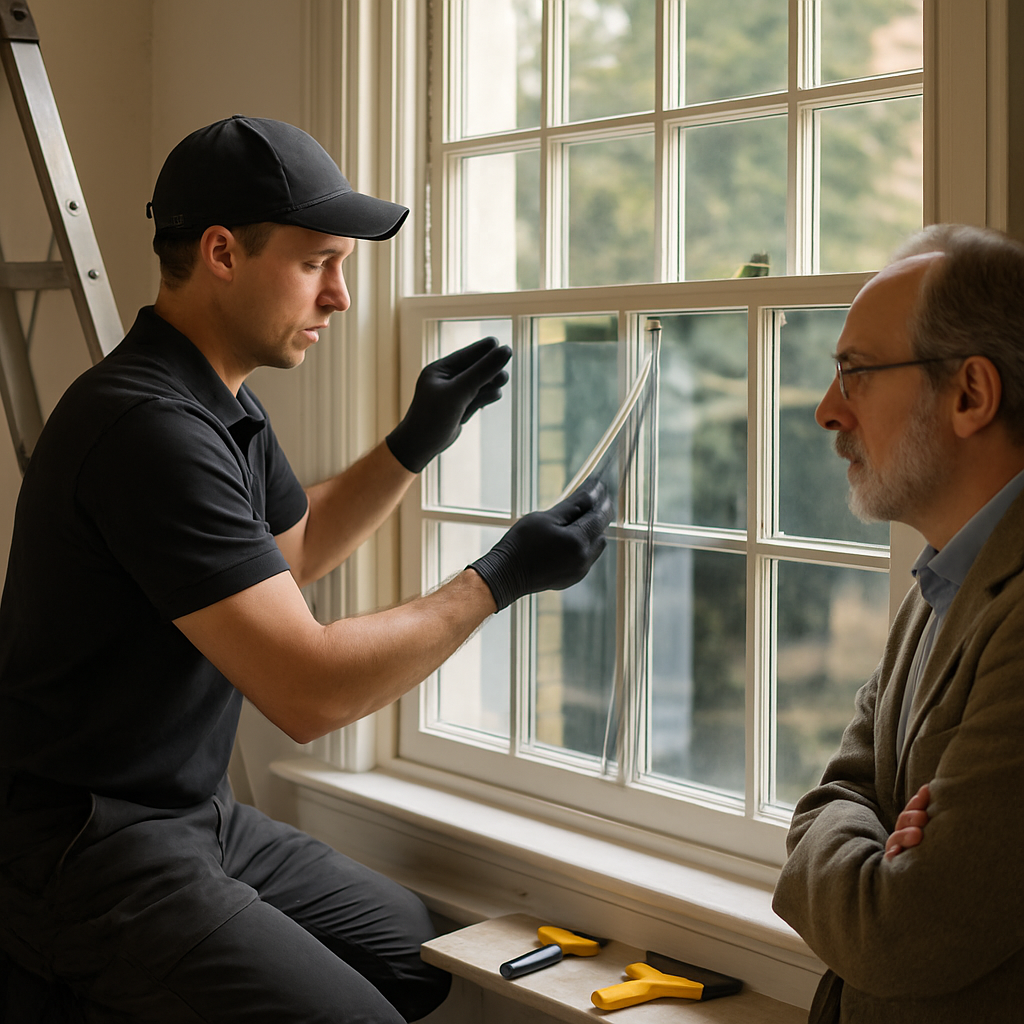 Professional installer carefully fitting spectrally selective window film to a historic sash window