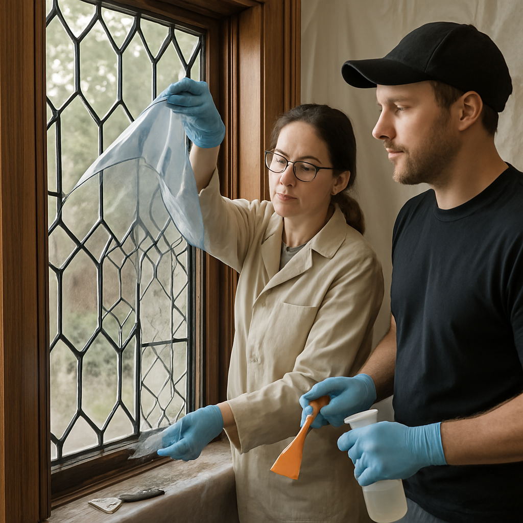 Conservator and professional installer performing a controlled test-panel removal of window film fro