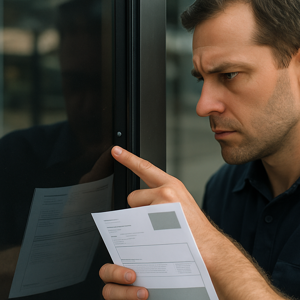 Close-up photo realistic image of a technician inspecting window film edge seal on a commercial stor