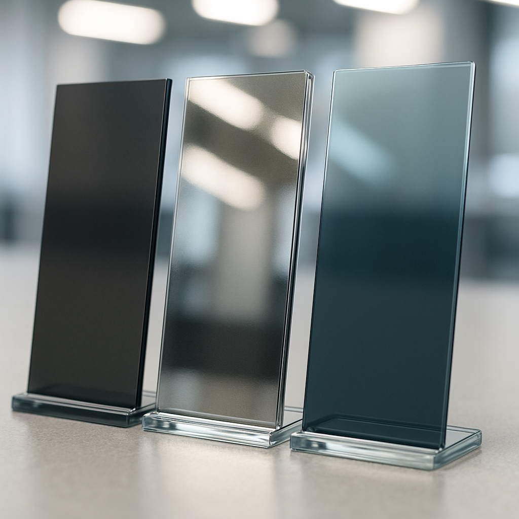 Close up photo realistic image of different window films side by side on glass samples labeled dyed