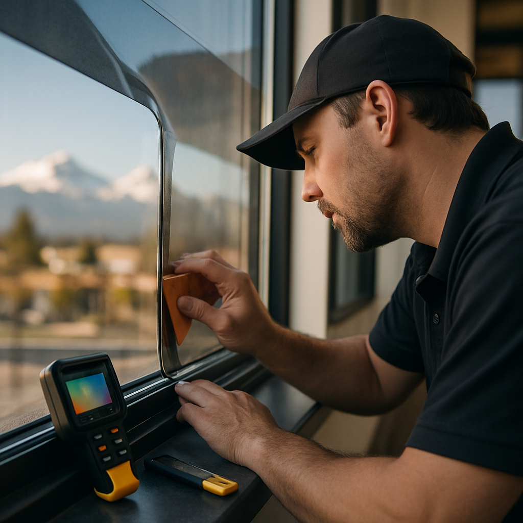 Technician inspecting window film on a large south-facing storefront in Bend, Oregon with visible mo
