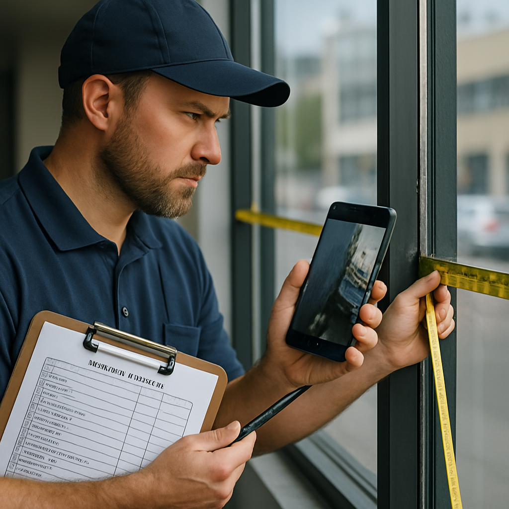 A professional technician measuring a commercial window pane and taking high-resolution photos of ed