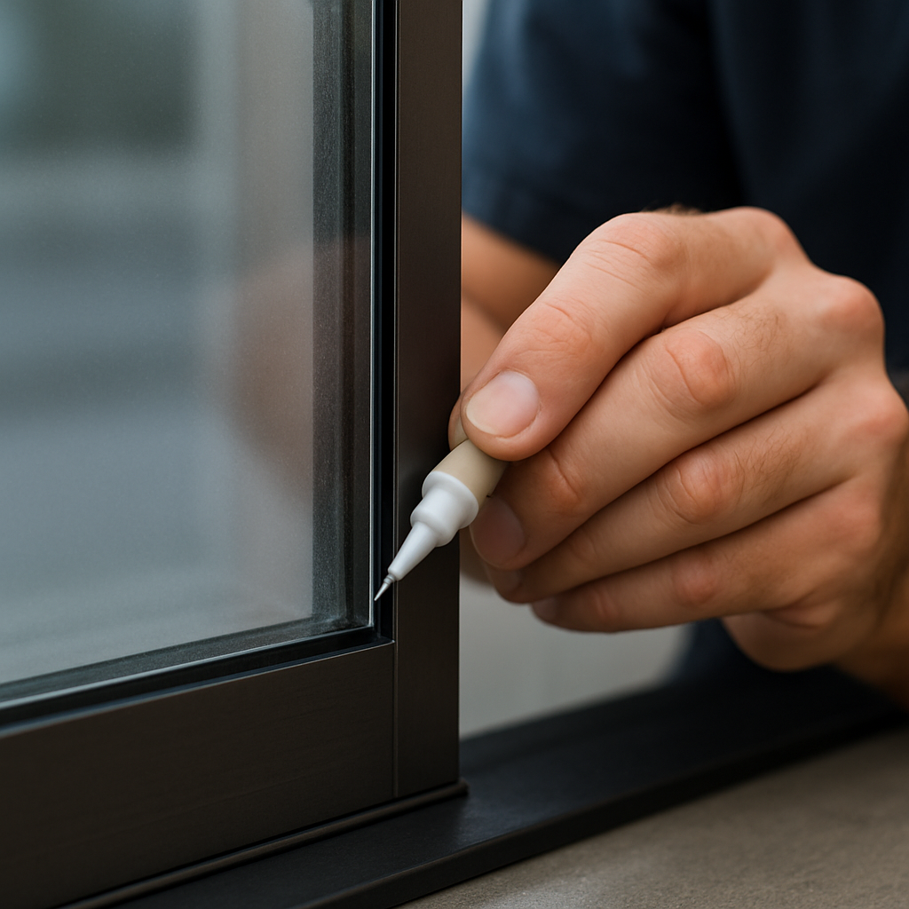 Close-up photo realistic image of a technician applying clear edge sealant to the perimeter of a com