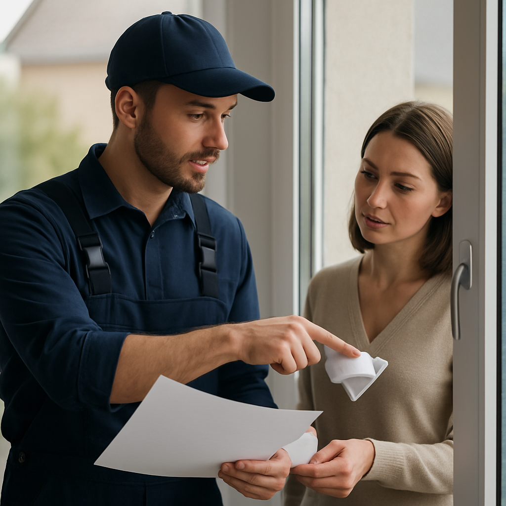 Technician handing customer warranty paperwork while pointing to a window edge and demonstrating app