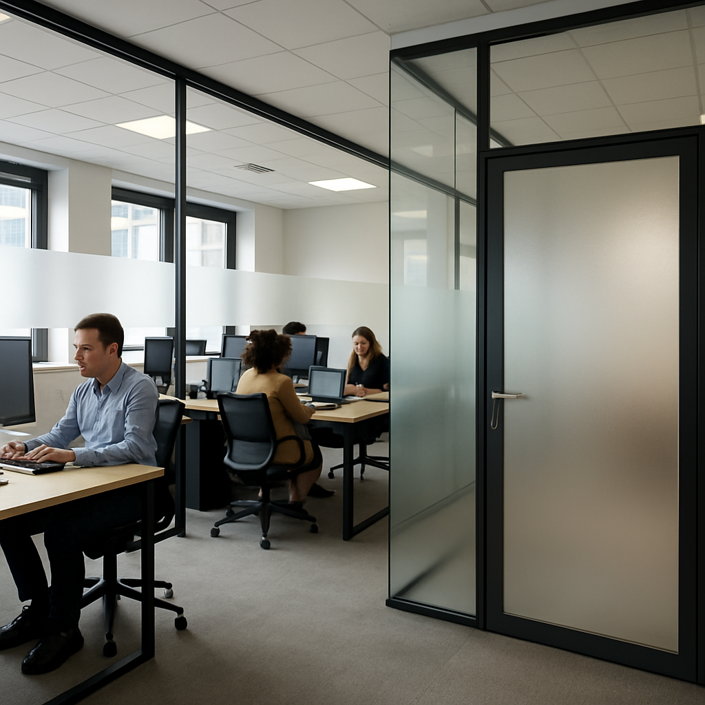 Photo realistic image of a modern open plan office in daylight with glass partitions showing frosted